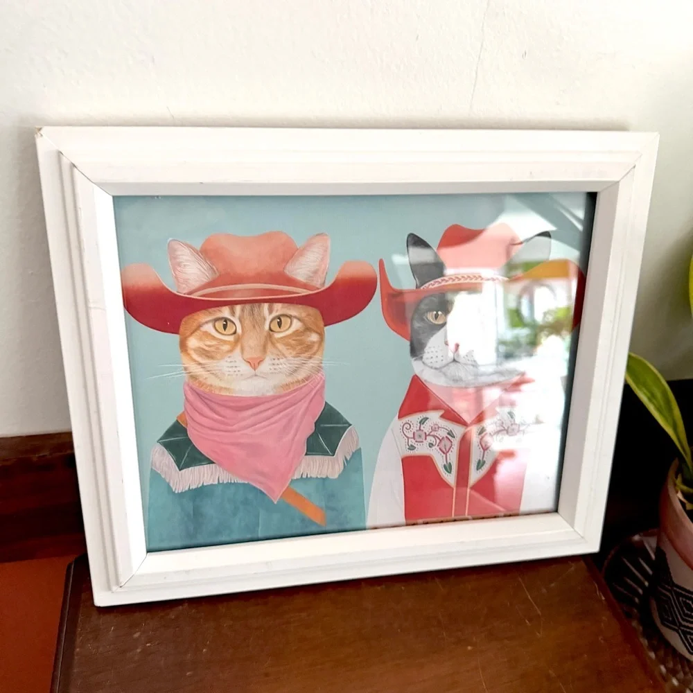 Cowboy Cats Western Rodeo Canvas Art Print White Framed Quirky Wall Hanging Art